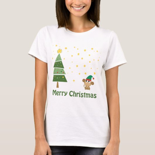 かわいいサルの夜のクリスマスシーン Tシャツ (正面)