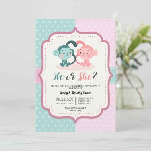 かわいいサルの水玉模様性別がパーティーハートを明かす 招待状 (スタンド正面)