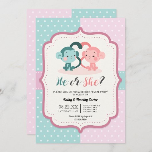 かわいいサルの水玉模様性別がパーティーハートを明かす 招待状 (正面/裏面)