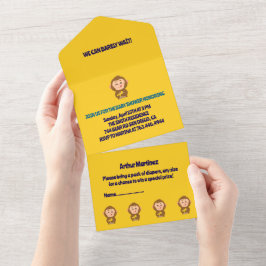 かわいいサルをテーマにした男の子のベビーシャワー オールインワン招待状