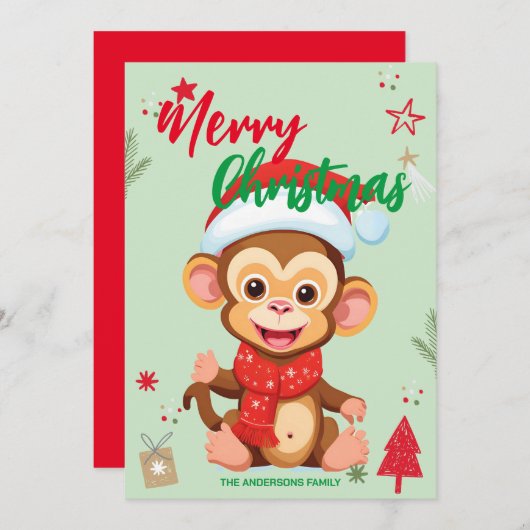 かわいいサルサンタクリスマスホリデーファミリー名き シーズンカード (正面/裏面)