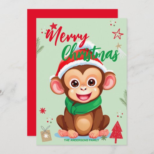 かわいいサルサンタ クリスマスホリデー 家族名き シーズンカード (正面/裏面)