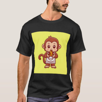 かわいいサルシェフがピザを食べるキャラクターベクターアイコン Tシャツ