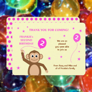 かわいいサル2nd誕生日パーティーピンクサンキューカード 招待状