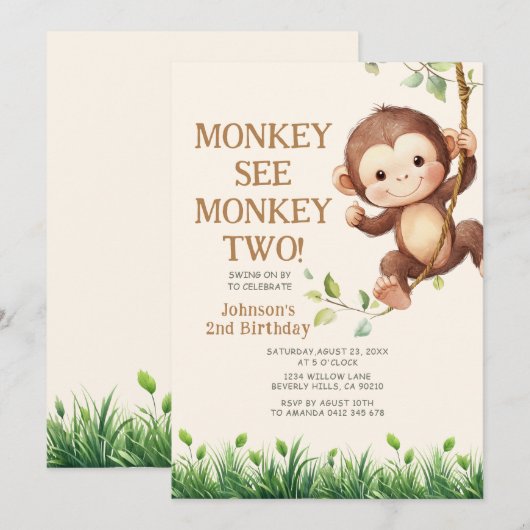 かわいいサル セーモンキー サファリ 2歳の誕生日 招待状 (正面/裏面)