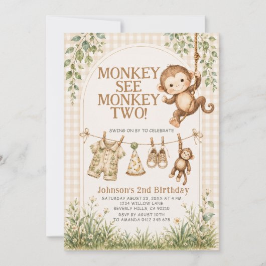 かわいいサル Monkey See Monkey Two ニュートラル モンキー 2歳  招待状 (正面)