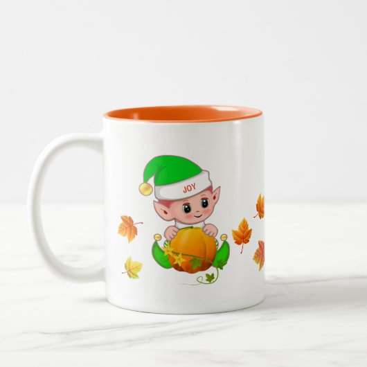 かわいいサンクスギビングエルフとカボチャと紅葉 ツートーンマグカップ (左)