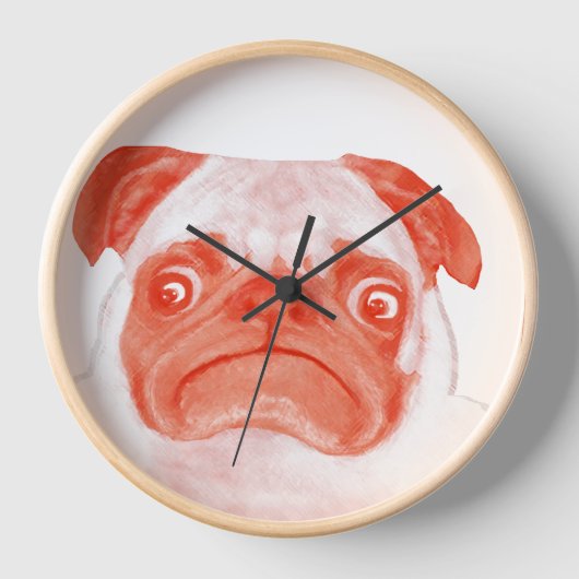 かわいいサンゴとピンクの不機嫌なパグ顔 壁時計 (正面)
