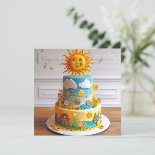 かわいいサンシャインをテーマにした飾お誕生日ケーキ カード (スタンド正面)
