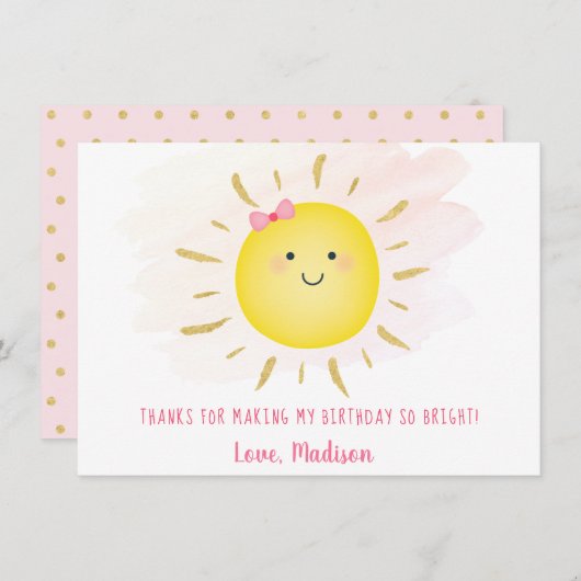 かわいいサンシャインピンク&金ゴールド誕生日ありがとう サンキューカード (正面/裏面)