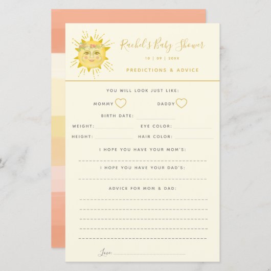 かわいいサンシャインベビーシャワーアドバイスと予測 (正面/裏面)
