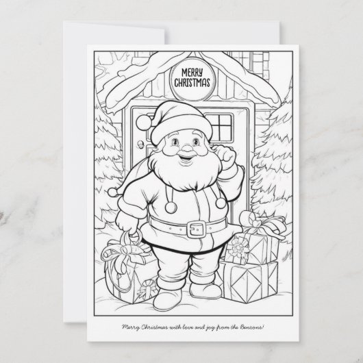 かわいいサンタが家族の家でアートをカラーリングするクリスマス シーズンカード (正面)