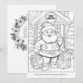 かわいいサンタが家族の家でアートをカラーリングするクリスマス シーズンカード (正面/裏面)