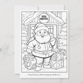 かわいいサンタが家族の家でアートをカラーリングするクリスマス シーズンカード