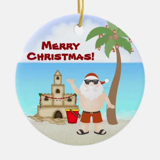 かわいいサンタでビーチメリークリスマスホリデー セラミックオーナメント (正面)