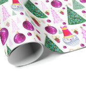 かわいいサンタとクリスマスツリーの水彩パターン ラッピングペーパー (ロールコーナー)