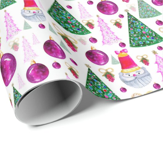かわいいサンタとクリスマスツリーの水彩パターン ラッピングペーパー (ロールコーナー)