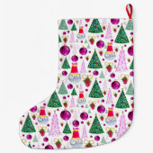 かわいいサンタとクリスマスツリーの水彩パターン ラージクリスマスストッキング (裏面)