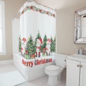 かわいいサンタとクリスマスツリーの水彩 シャワーカーテン (インサイチュ)
