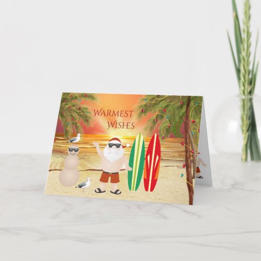 かわいいサンタとサーフボードビーチサーフィンクリスマス シーズンカード (正面)