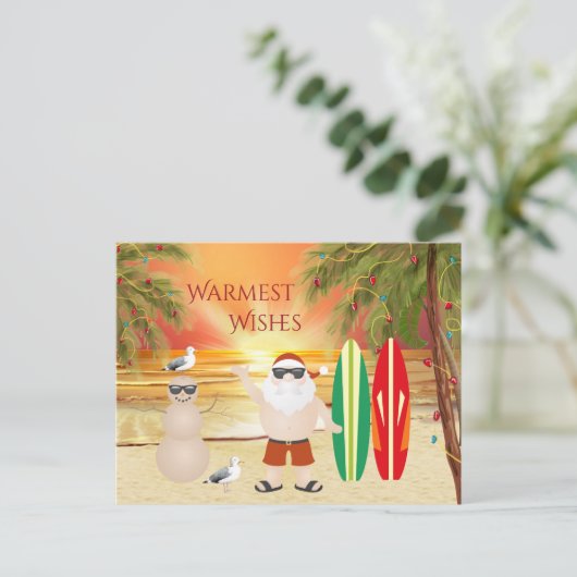 かわいいサンタとサーフボードビーチサーフィンクリスマス シーズンポストカード (スタンド正面)