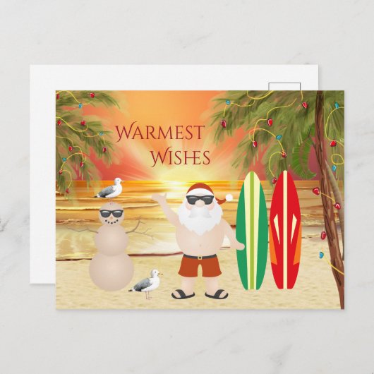 かわいいサンタとサーフボードビーチサーフィンクリスマス シーズンポストカード (正面/裏面)