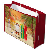 かわいいサンタとサーフボードビーチサーフィンクリスマス ラージペーパーバッグ (正面アングル)