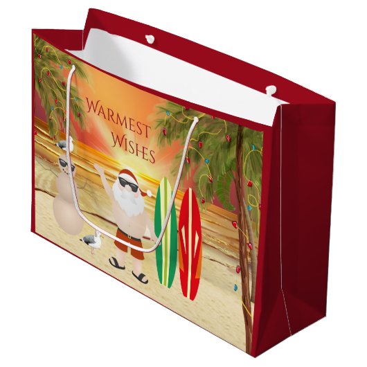かわいいサンタとサーフボードビーチサーフィンクリスマス ラージペーパーバッグ (正面アングル)