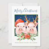 かわいいサンタとトナカイのクリスマスピッグカップル シーズンカード (正面)