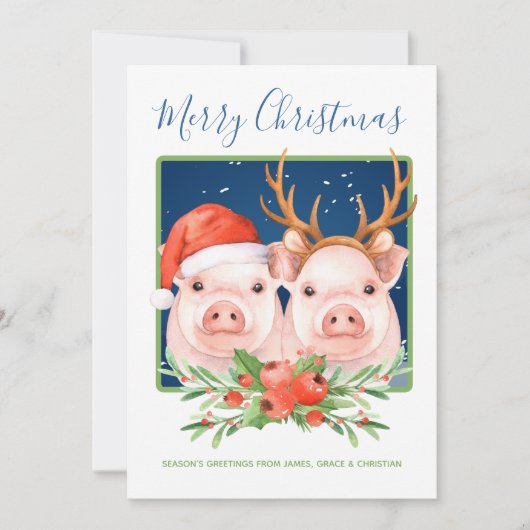かわいいサンタとトナカイのクリスマスピッグカップル シーズンカード (正面)