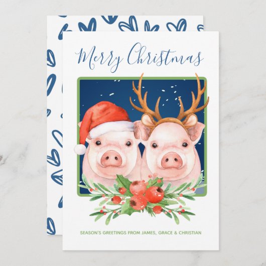 かわいいサンタとトナカイのクリスマスピッグカップル シーズンカード (正面/裏面)