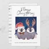 かわいいサンタとトナカイのクリスマスペンギンのカップル シーズンカード (正面/裏面)