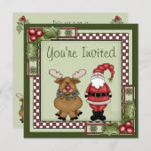 かわいいサンタとトナカイのクリスマスホリデーパーティー 招待状 (正面/裏面)