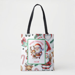 かわいいサンタとトナカイのパーソナライズされたクリスマス トートバッグ