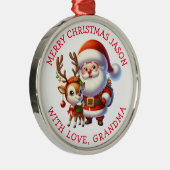 かわいいサンタとトナカイのパーソナライズされたクリスマス メタルオーナメント (右)