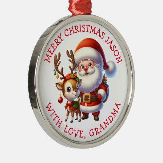 かわいいサンタとトナカイのパーソナライズされたクリスマス メタルオーナメント (右)