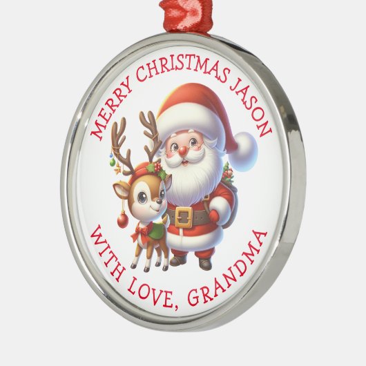 かわいいサンタとトナカイのパーソナライズされたクリスマス メタルオーナメント (左)