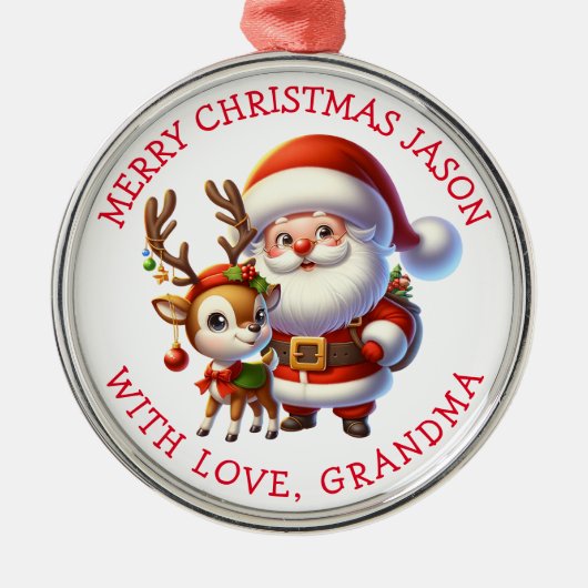 かわいいサンタとトナカイのパーソナライズされたクリスマス メタルオーナメント (正面)