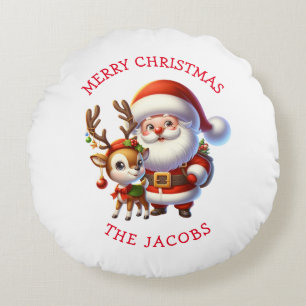 かわいいサンタとトナカイのパーソナライズされたクリスマス ラウンドクッション