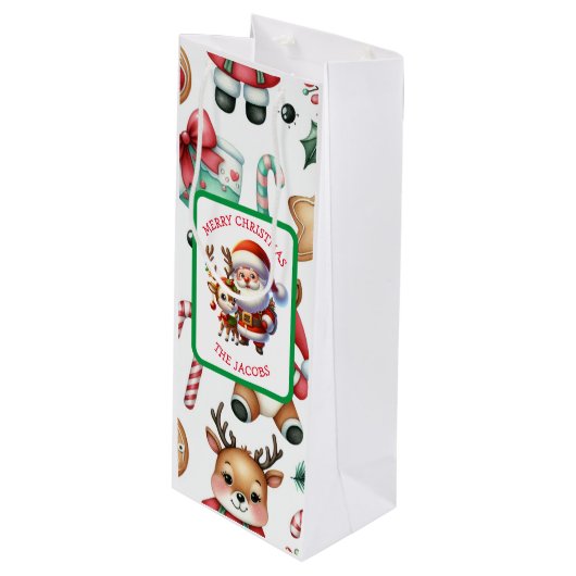 かわいいサンタとトナカイのパーソナライズされたクリスマス ワインギフトバッグ (正面アングル)