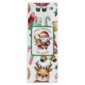 かわいいサンタとトナカイのパーソナライズされたクリスマス ワインギフトバッグ (正面)