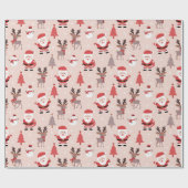 かわいいサンタとトナカイのピンクのクリスマス ラッピングペーパー (フラット)