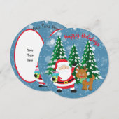 かわいいサンタとトナカイのラウンドクリスマスフラットカード シーズンカード (正面/裏面)