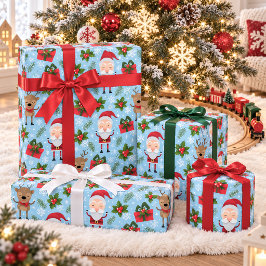 かわいいサンタとトナカイの雪の結晶のクリスマス ラッピングペーパー