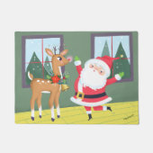 かわいいサンタとルドルフ黄色&グリーン ドアマット (正面)