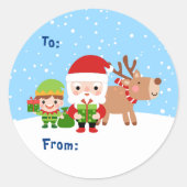 かわいいサンタと小妖精や小人とトナカイ ラウンドシール (正面)