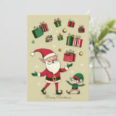 かわいいサンタと小妖精や小人パーソナライズされたクリスマス シーズンカード (スタンド正面)