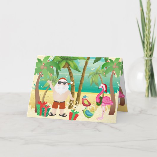 かわいいサンタと熱帯鳥のビーチクリスマス シーズンカード (正面)