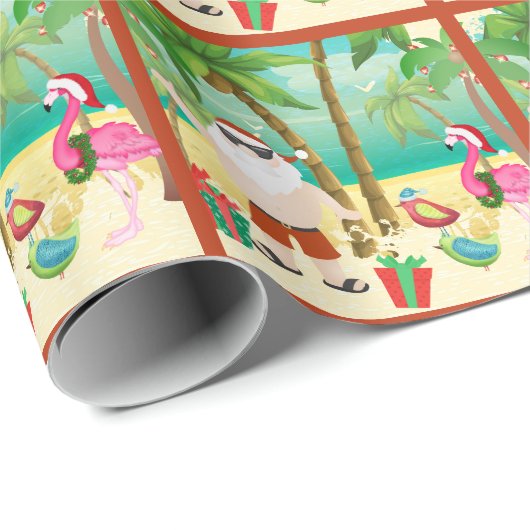 かわいいサンタと熱帯鳥のビーチクリスマス ラッピングペーパー (ロールコーナー)