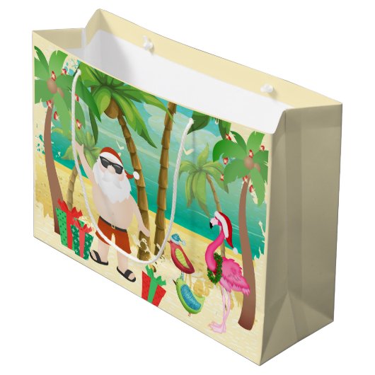 かわいいサンタと熱帯鳥のビーチクリスマス ラージペーパーバッグ (正面アングル)